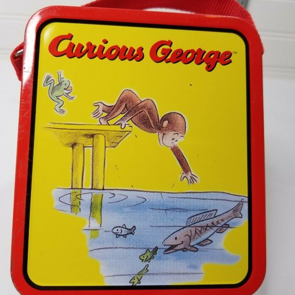 Vintage Mini Metal Lunchbox Curious George Fishing Theme Case Woven Handle - Picture 8 of 10
